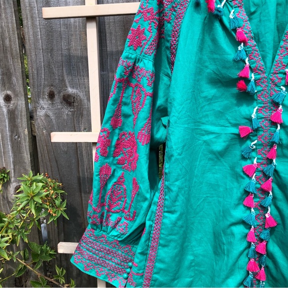 🛍️ Bohemian Green Lantern Sleeve Embroidered Tassels Tunic Dress M - Picture 3 of 10